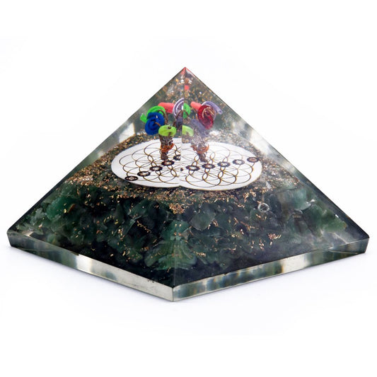 Orgonit-Pyramide, groß, 70 mm – Chakra-Edelsteine ​​– grüner Aventurin und Blume des Lebens – 70 mm
