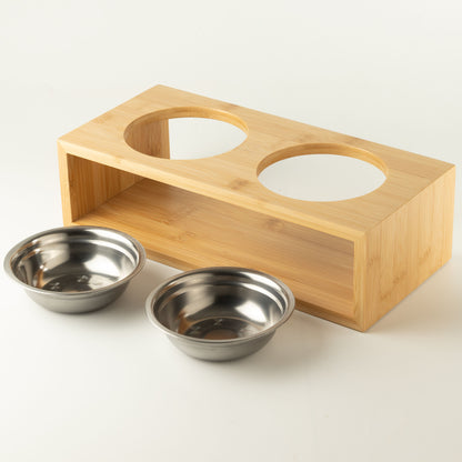 PAW Cuencos para comida - Grande doble acero inoxidable (201) en soporte de madera - 2x13 cm