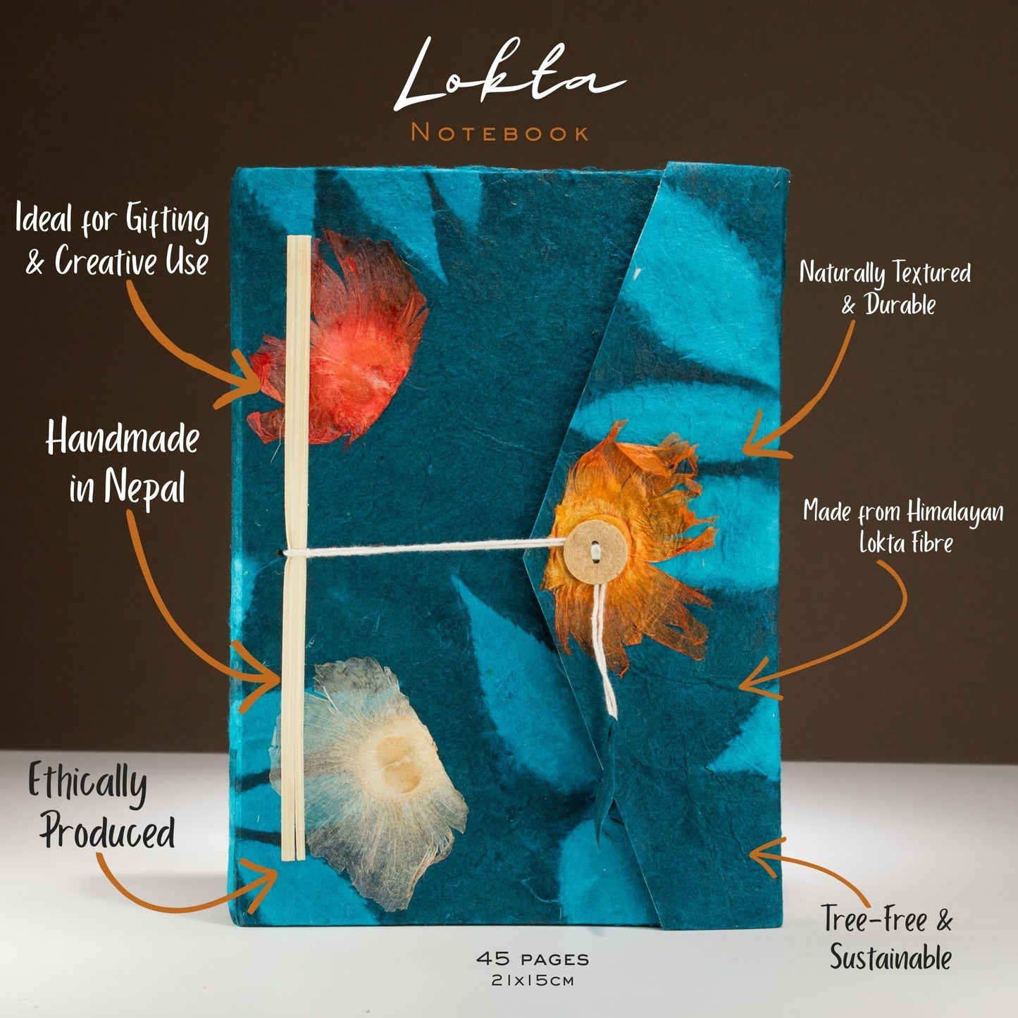 Cahier Lokta à motifs floraux – Grand (21x15cm) – 45 feuilles – Avec marque-page – Bleu nuit