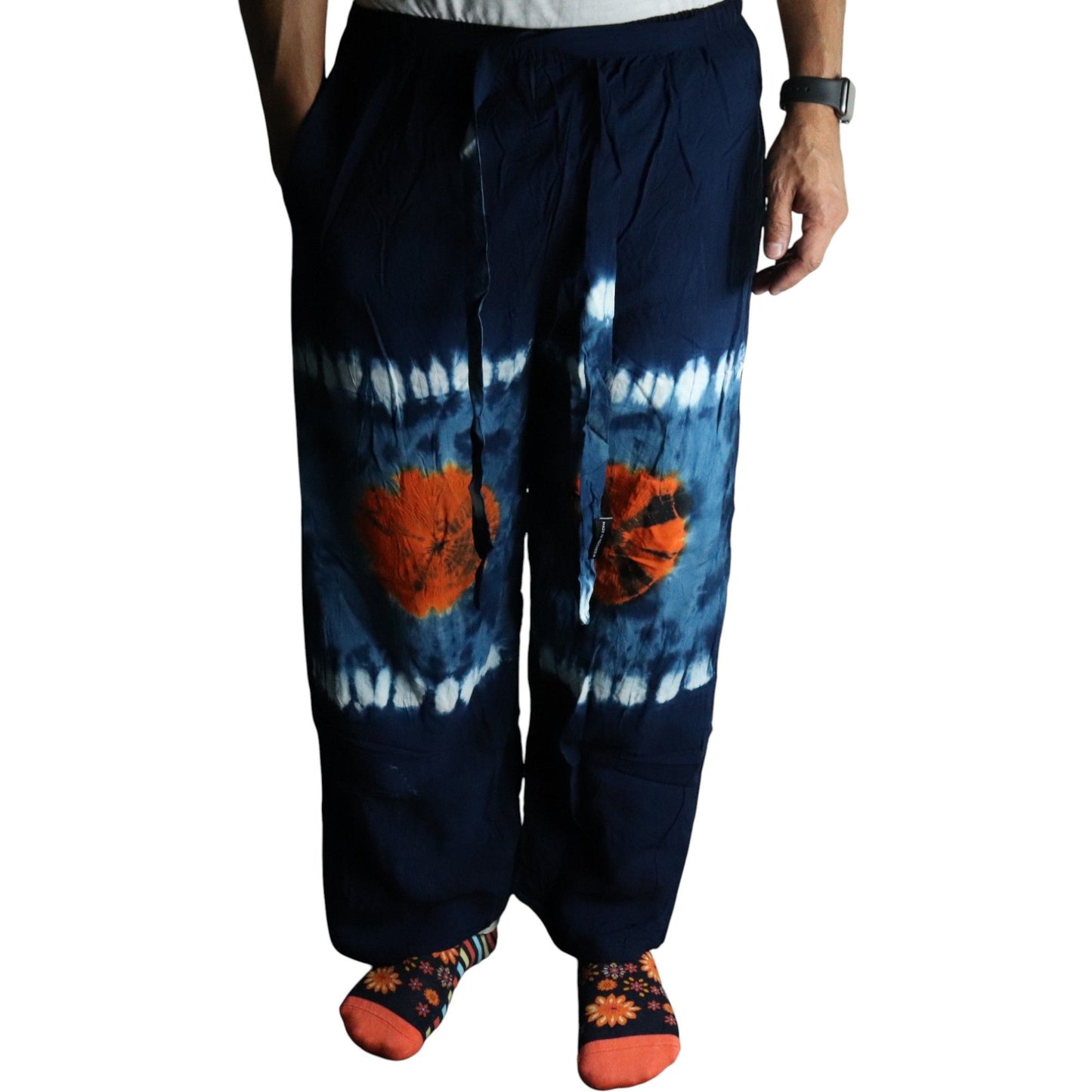 Loungehose im japanischen Stil – Türkis und Orange – L