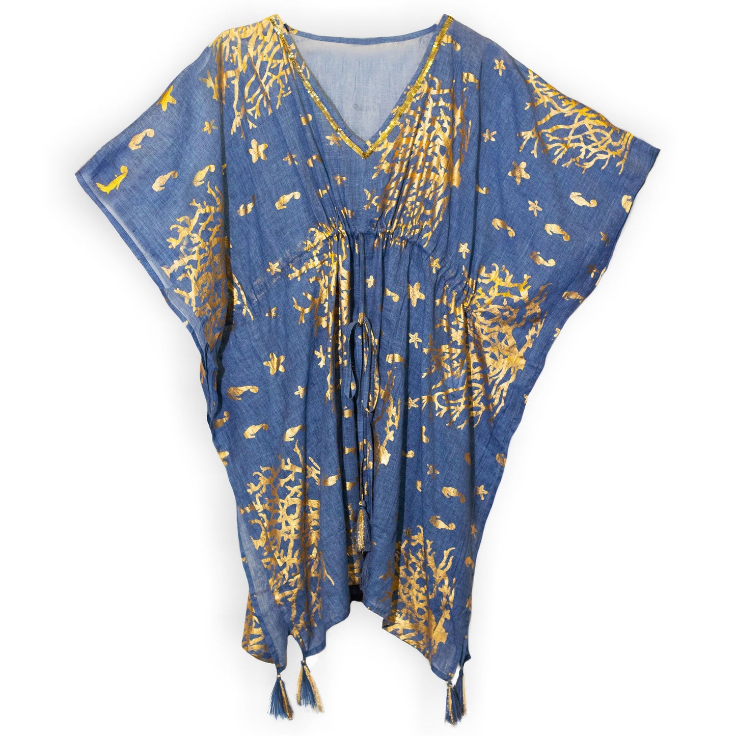 Sari méditerranéen de la collection Nomad - Kaftan - Motif corail bleu marine et or