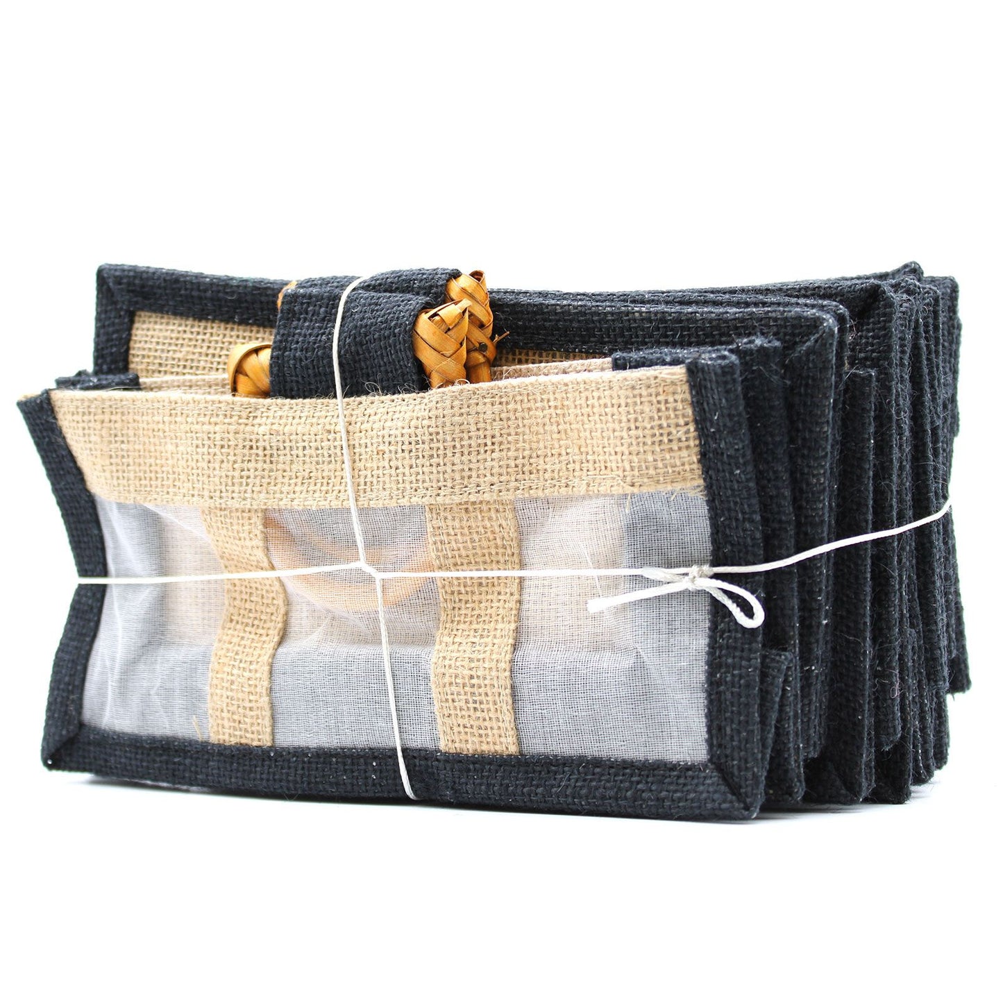 Bolsa de Regalo con Ventana de Yute Puro y Algodón - 3 Ventanas en Negro