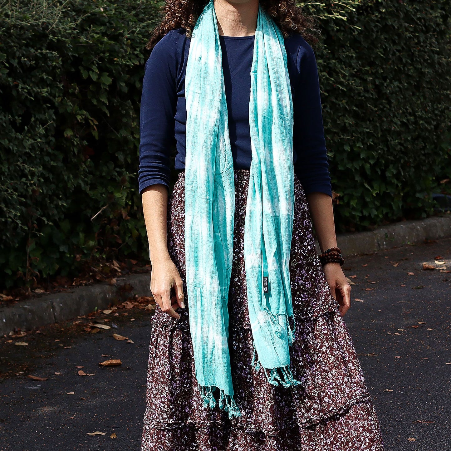 Chal de Arte Boho Java - Rayas Verde Azulado y Motivos - 62x200 cm