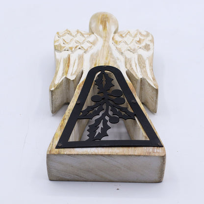 Ángel de madera de mango - Encalado con decoración de hierro recortado - 18 cm