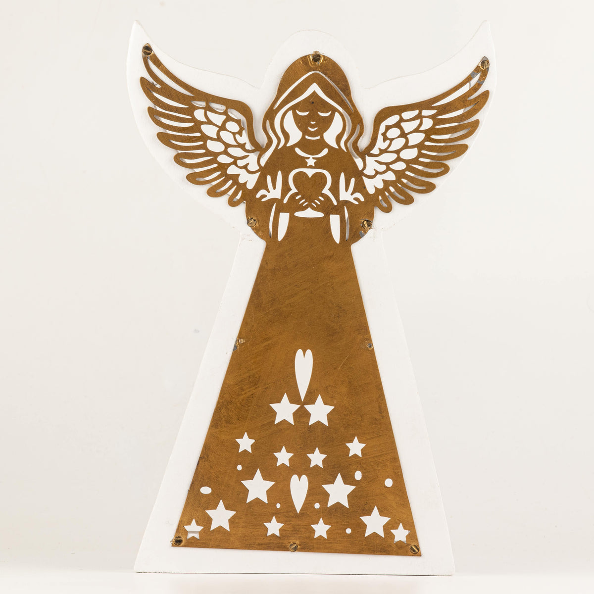 Ángel de madera de mango - acabado lavado blanco con recorte decorativo de hierro - 39 cm