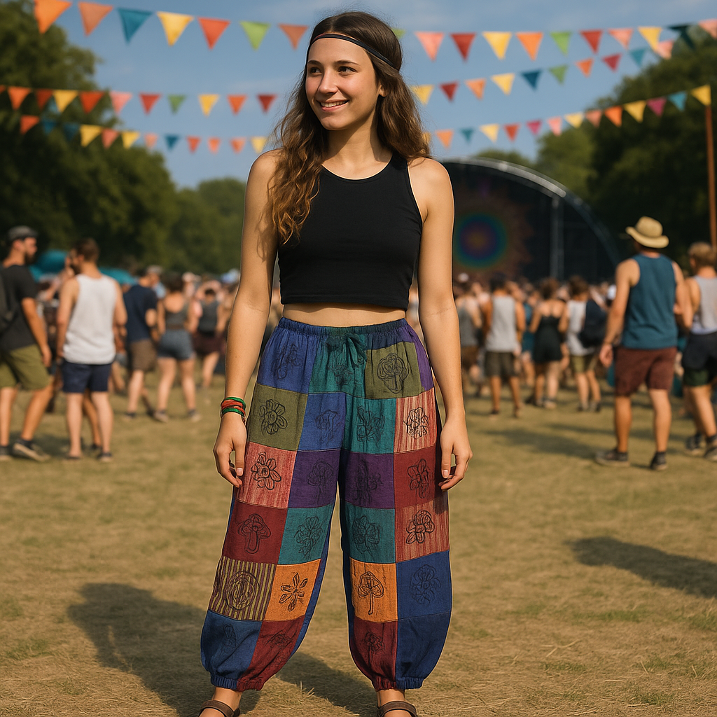 Nomaden-Sari – Pilzhose – Blockdruck-Designs – Lilatöne (105 x 127 cm) S/M