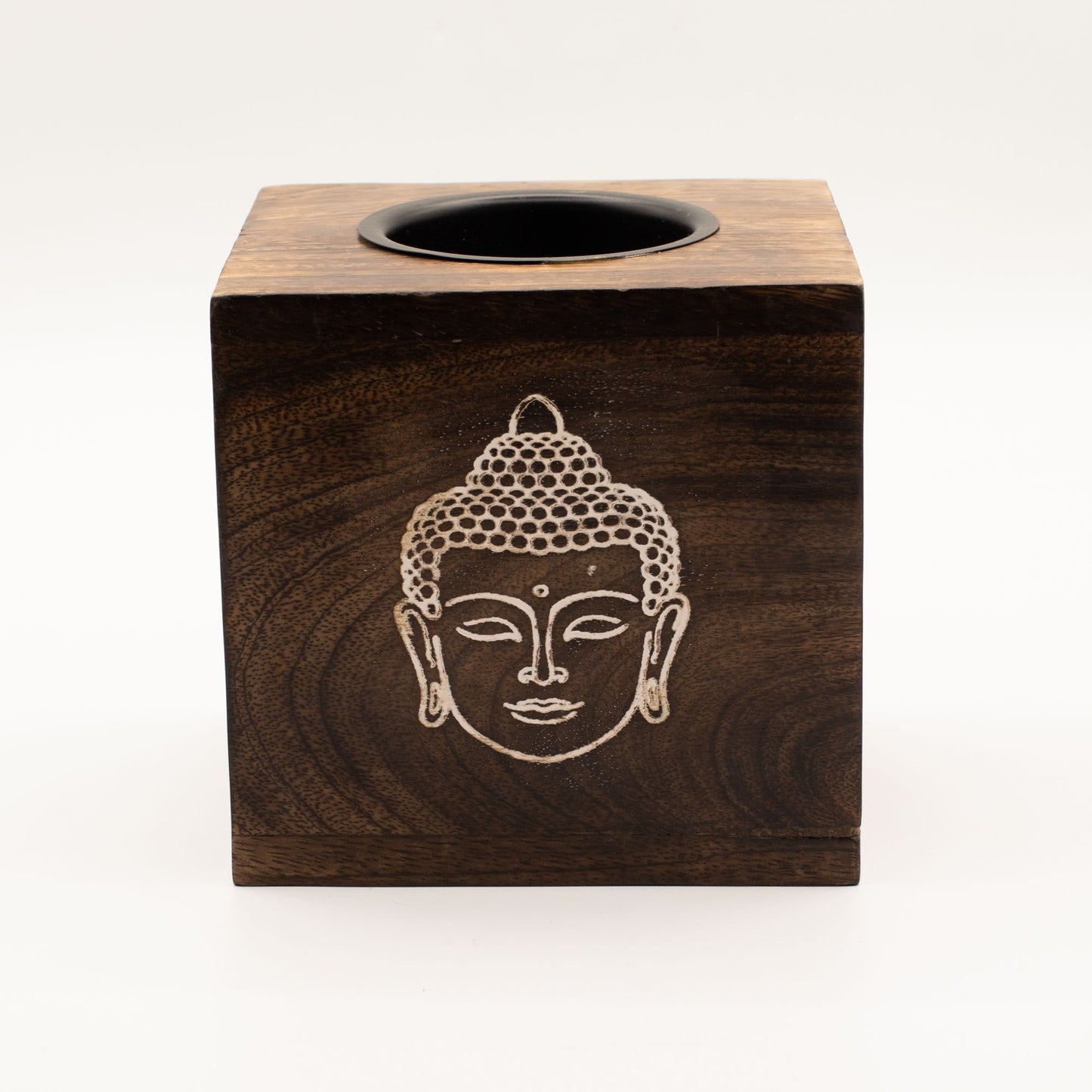 Großer quadratischer Ölbrenner aus Mangoholz – Buddha-Gesicht