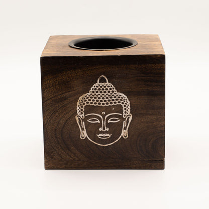 Großer quadratischer Ölbrenner aus Mangoholz – Buddha-Gesicht