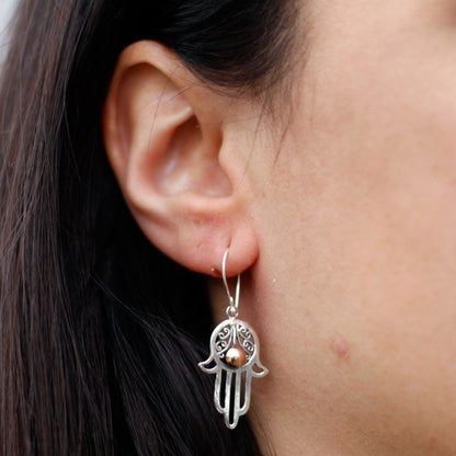 Pendientes Plata y Oro Mano de Hamsa