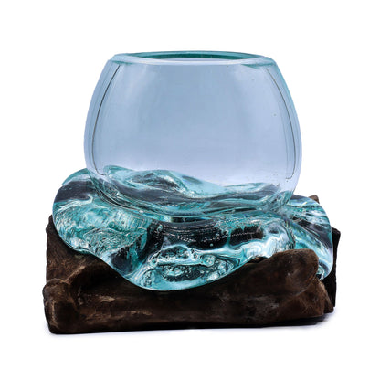 Petit aquarium miniature en verre fusionné sur bois, 20 cm