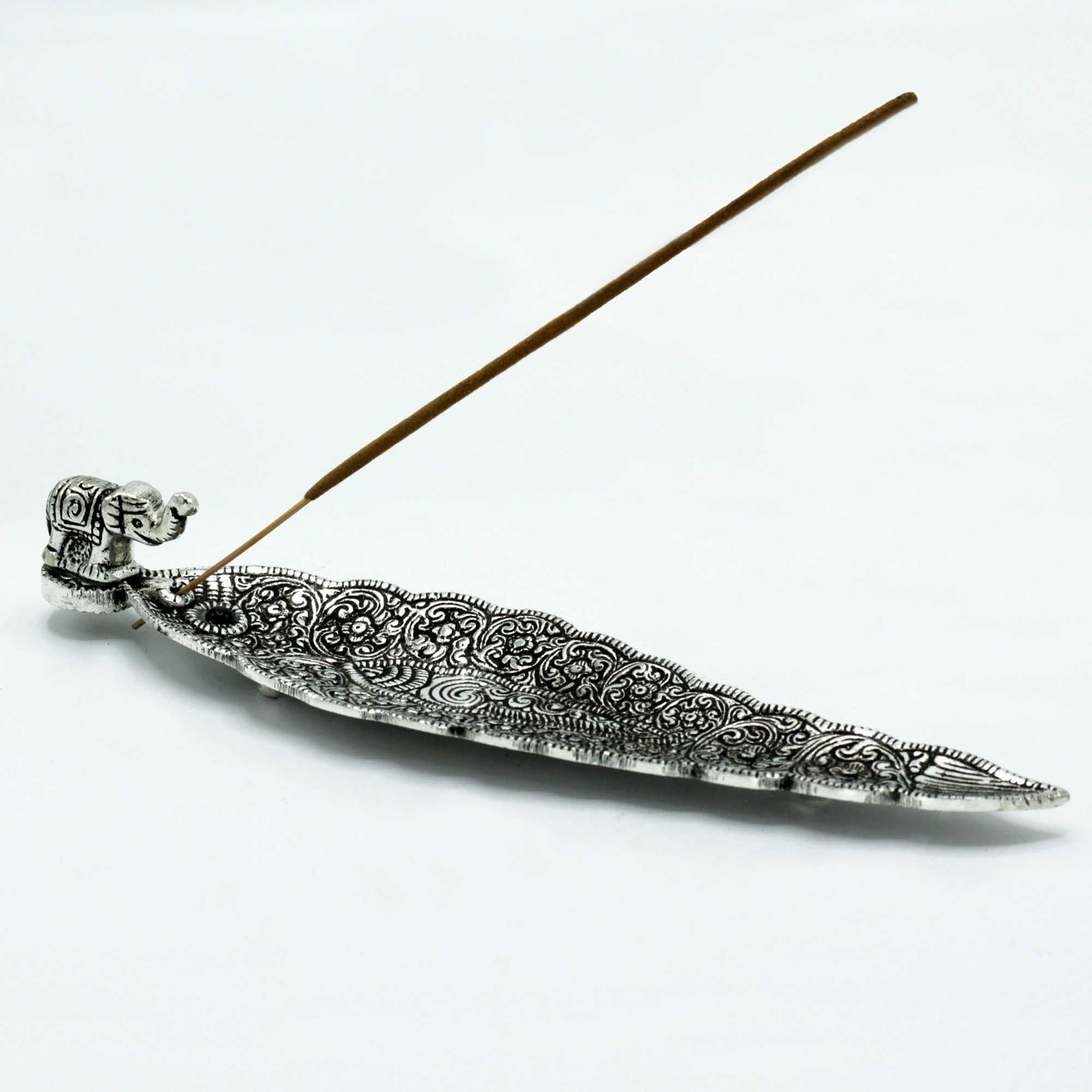 Porte-encens long éléphant en aluminium poli 20 cm