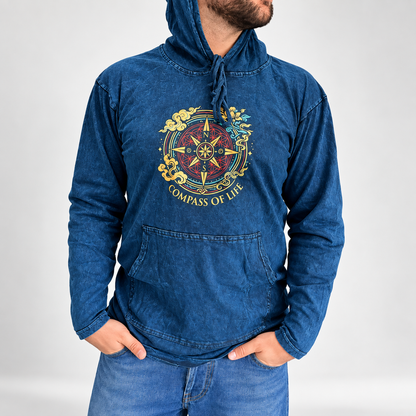 Camisa con capucha grande lavada a la piedra con bolsillo canguro - Brújula de la vida azul