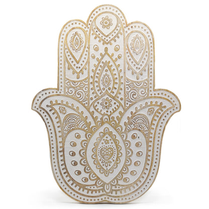 Placa de pared Mano de Hamsa en madera de Mango - Blanco