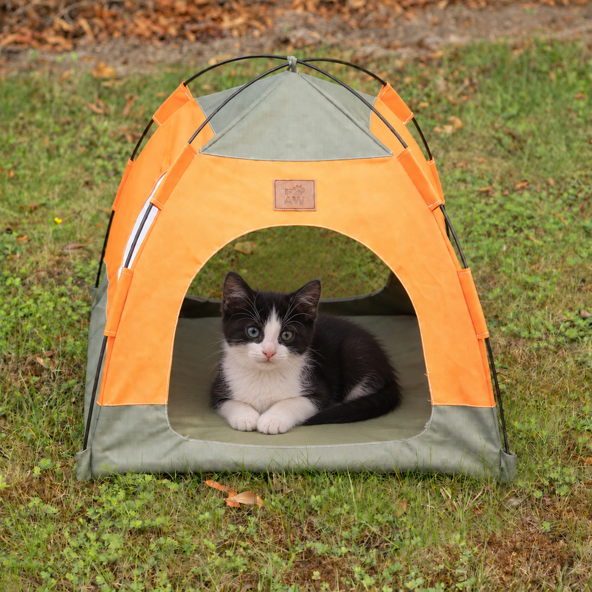 PAW Bed – Tienda verde y naranja – 48 × 48 × 40 cm