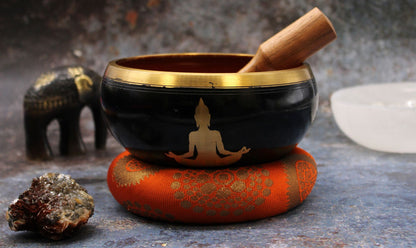Grand ensemble de bols chantants tibétains - Bouddha - Noir/Orange 14 cm
