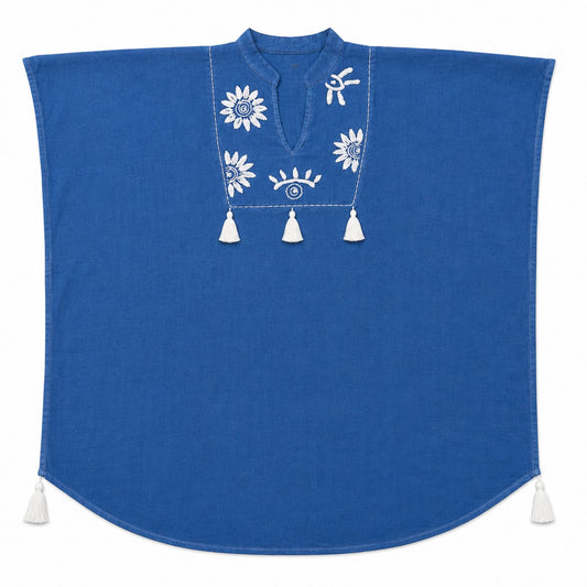 Nomad Sari en la Colección Med - Kaftán - Azul con bordado en crema y borlas