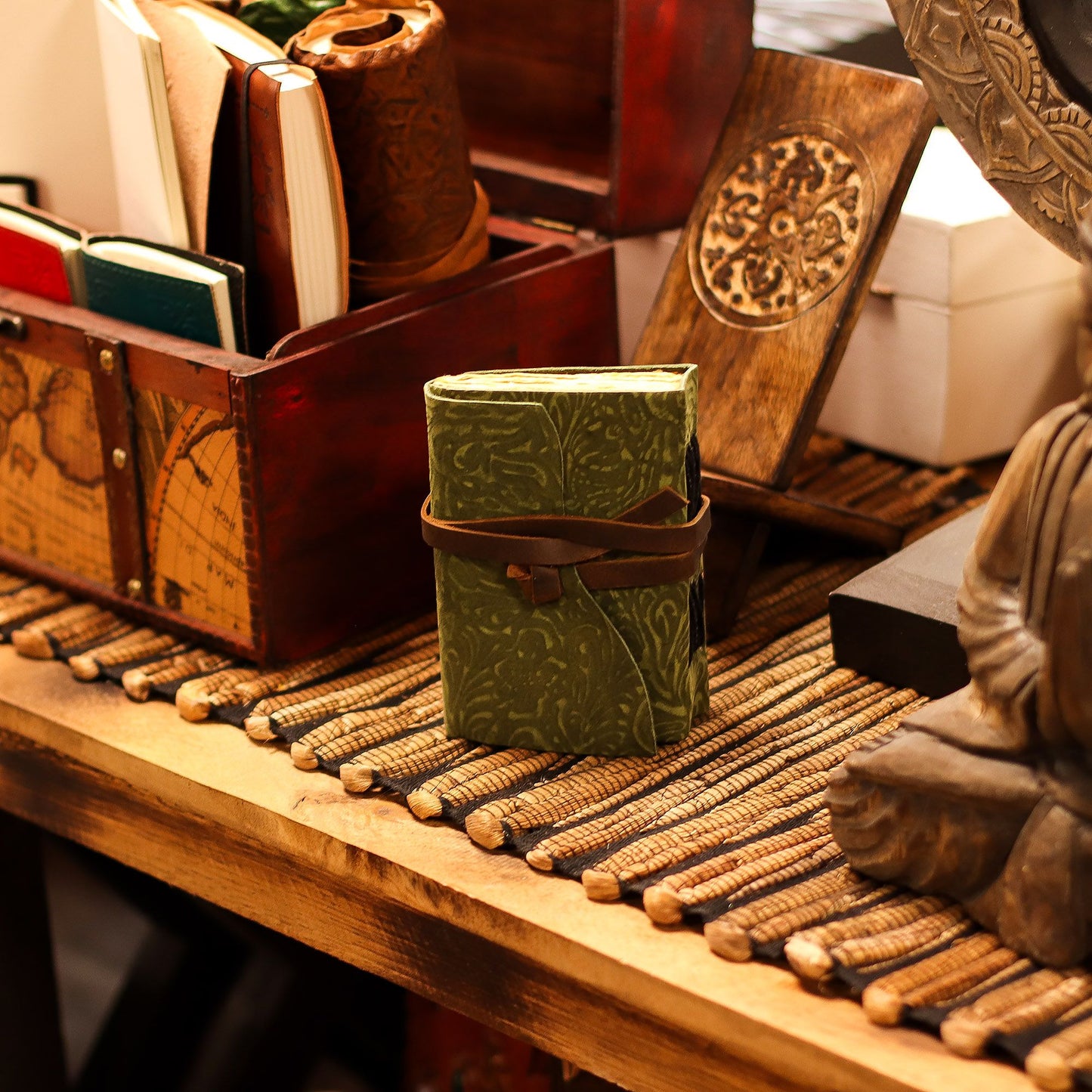 Carnets en cuir à bordure épaisse (5 x 3,5 pouces) - Motif labyrinthe vert