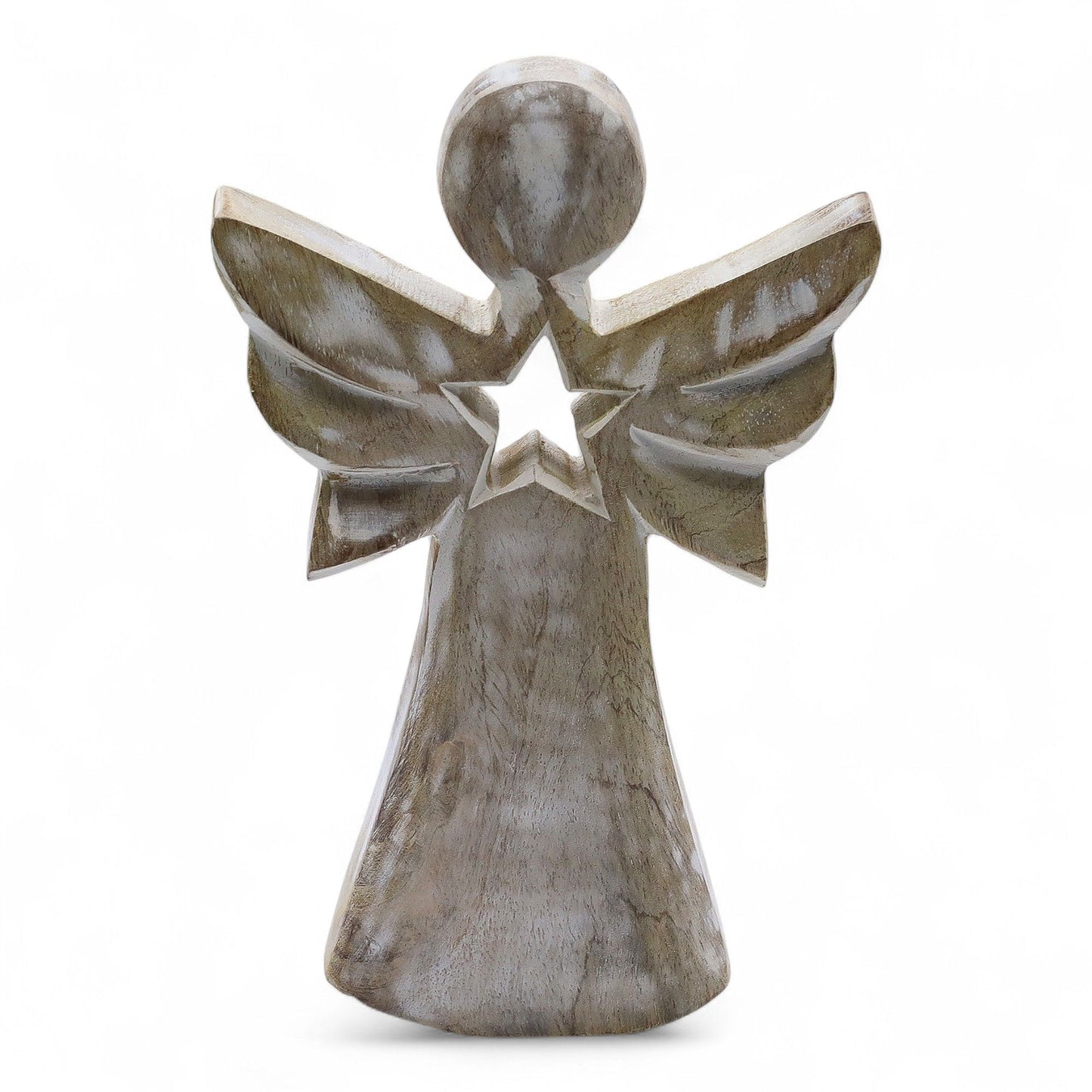 Ángel de Madera de Mango - Acabado Blanqueado con Estrella Calada - 18 cm