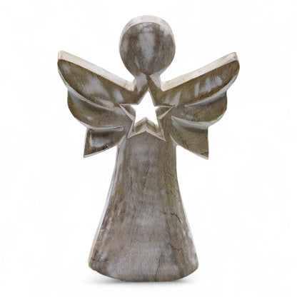 Ángel de Madera de Mango - Acabado Blanqueado con Estrella Calada - 18 cm