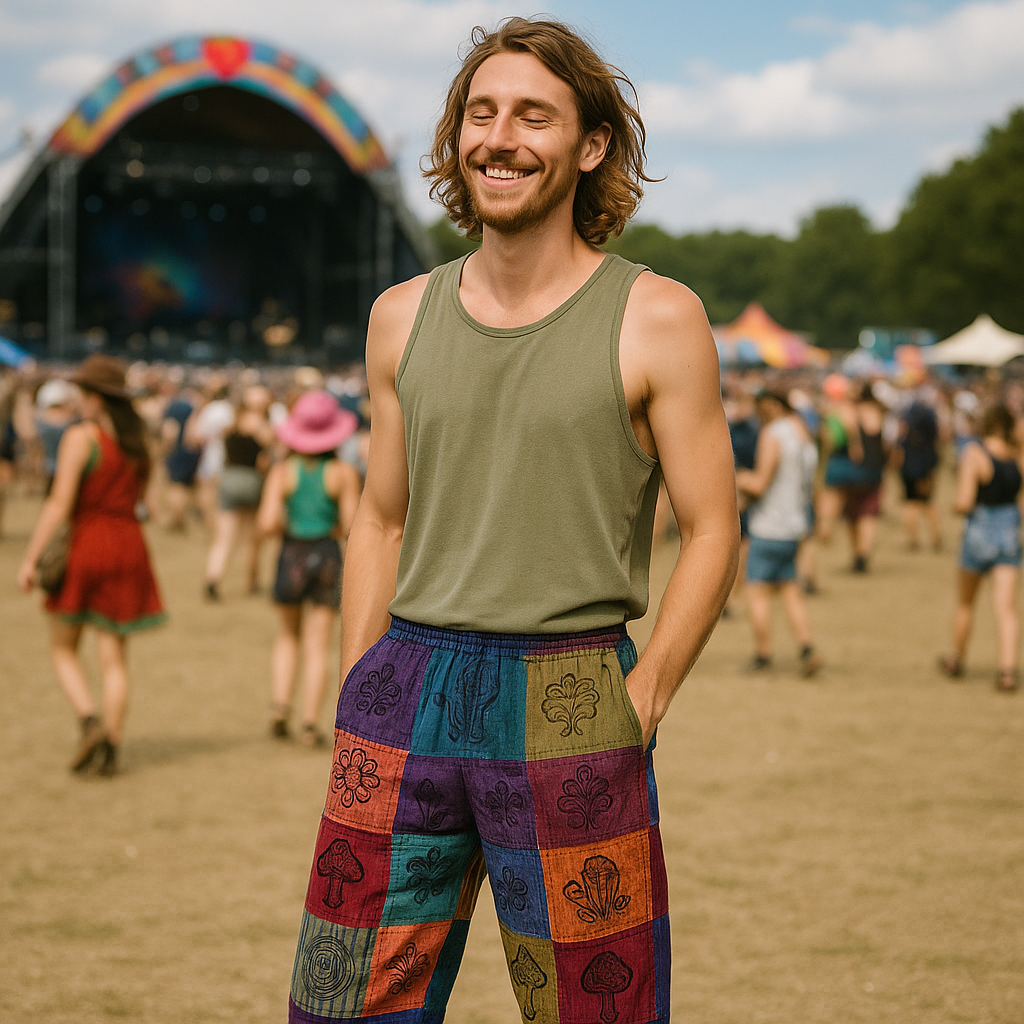 Nomaden-Sari – Pilzhose – Blockdruck-Designs – Lilatöne (110 x 120 cm) L/XL