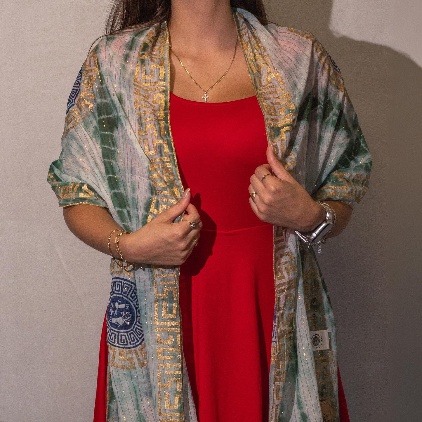 Nomad Sari Été Marbella Foulard imprimé - Vert avec Or (180x50cm)