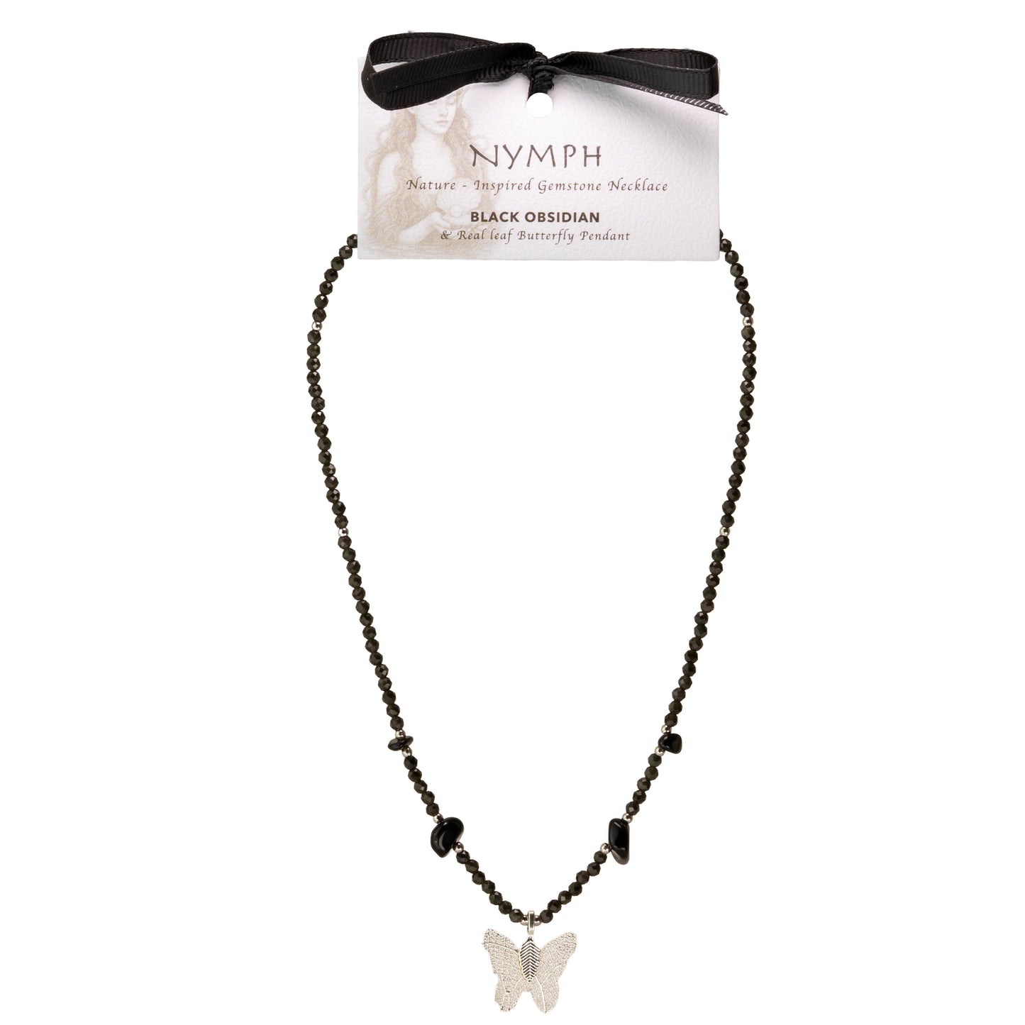 Collar de gema de obsidiana negra ninfa con colgante de mariposa hecho de una hoja real