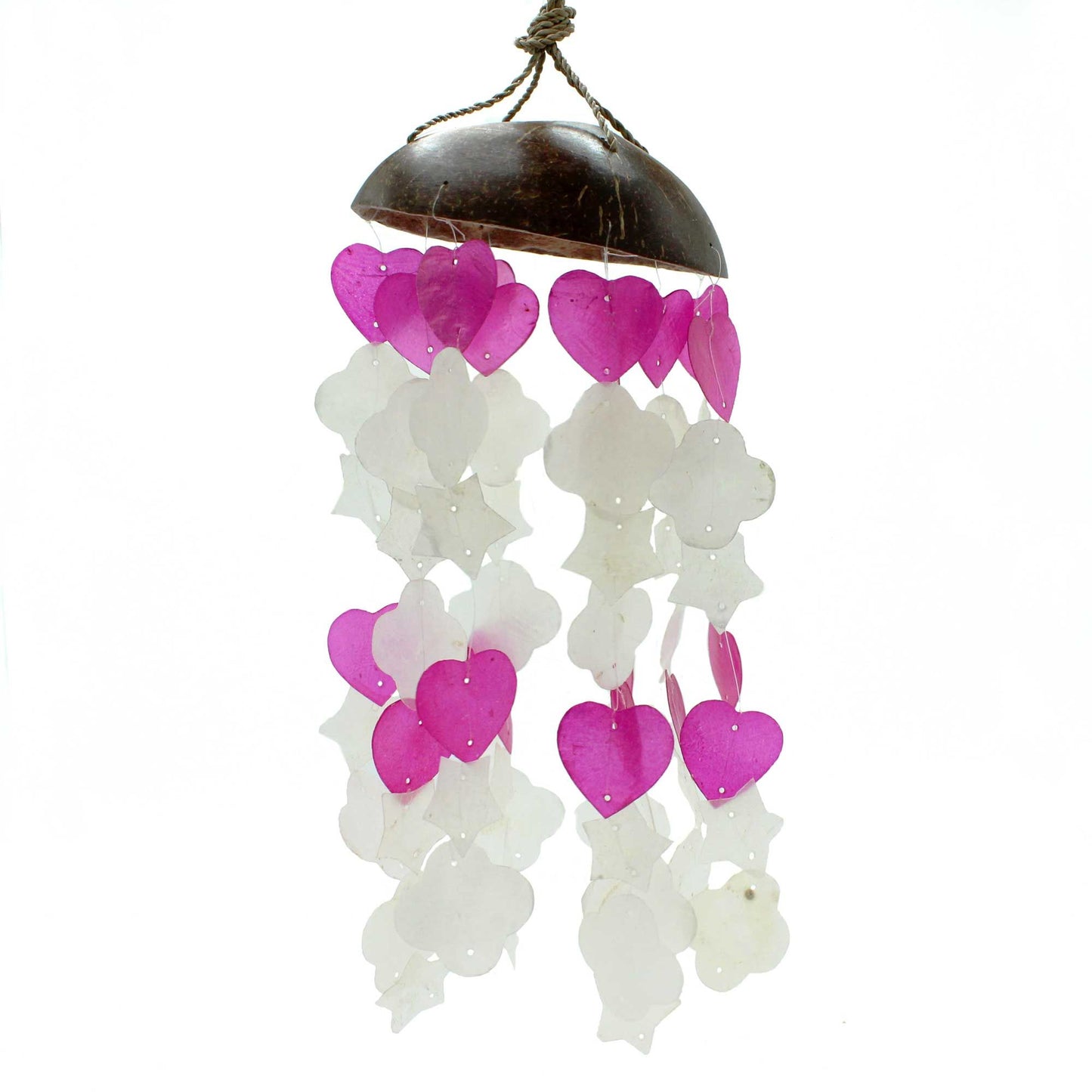 Carillons éoliens en noix de coco et capiz - Formes mixtes en rose et blanc - 35 cm