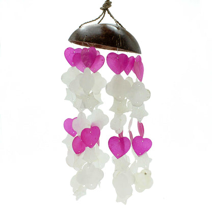 Carillons éoliens en noix de coco et capiz - Formes mixtes en rose et blanc - 35 cm