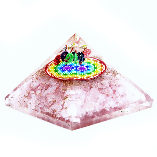 Orgonit-Pyramide, groß, 70 mm – Chakra-Edelsteine ​​– Rosenquarz, Regenbogenblume des Lebens – 70 mm