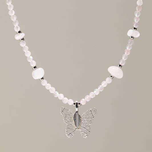 Nymph Rosenquarz-Edelsteinkette mit echtem Blatt-Schmetterlingsanhänger