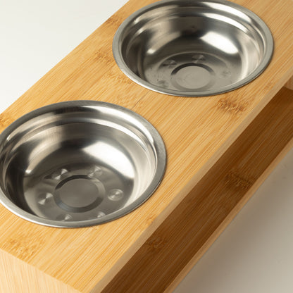 PAW Cuencos para comida - Grande doble acero inoxidable (201) en soporte de madera - 2x13 cm