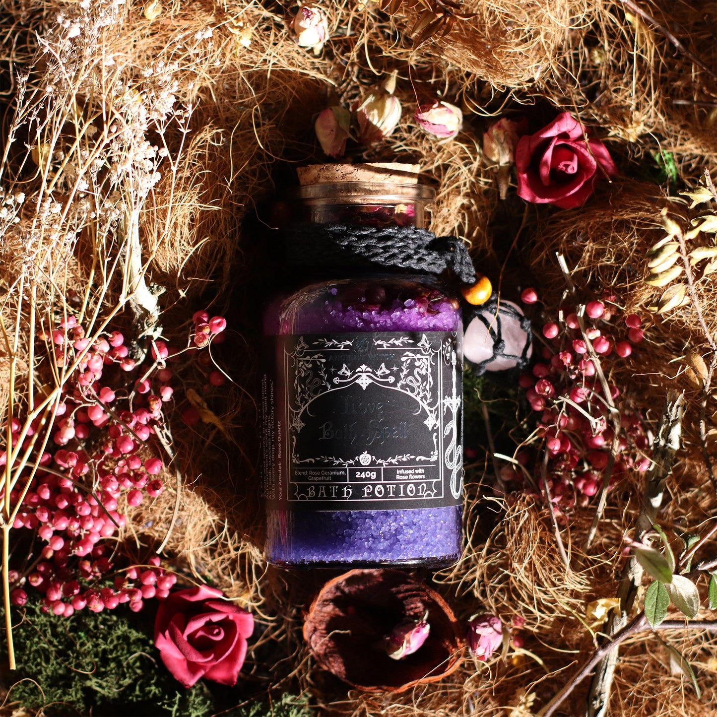 Antiguo hechizo de baño de bruja, poción y amuleto de cristal de cuarzo rosa - Amor