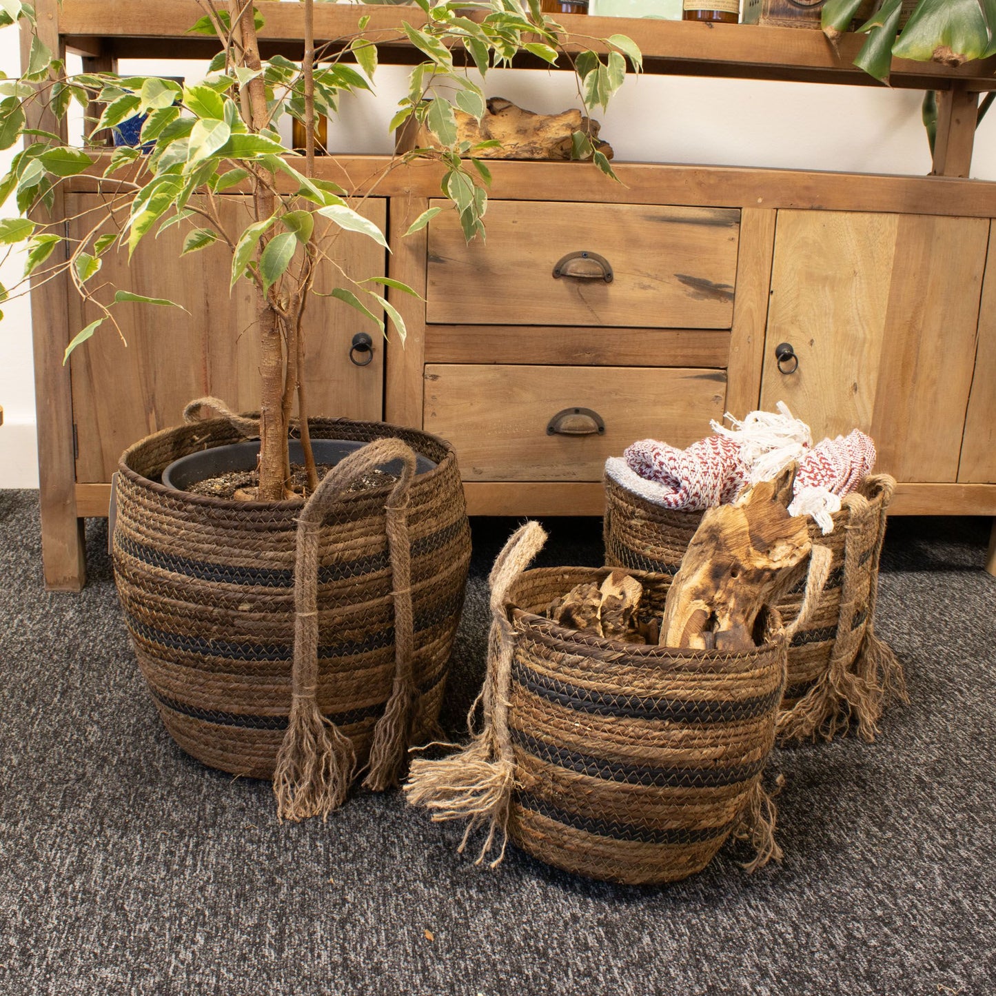 Große Körbe aus Bananenblatt und Seegras – naturfarben braun – 3er-Set