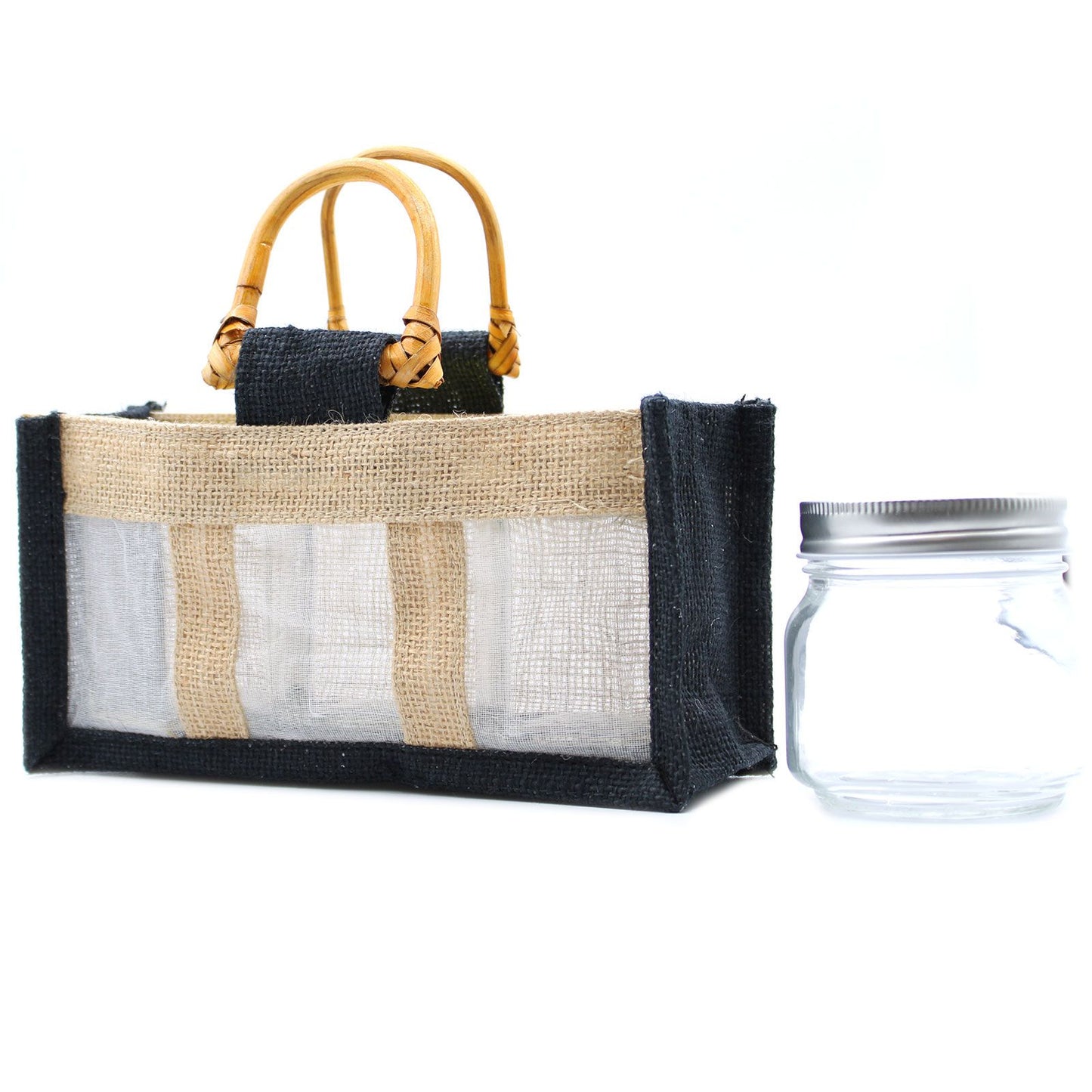 Bolsa de Regalo con Ventana de Yute Puro y Algodón - 3 Ventanas en Negro