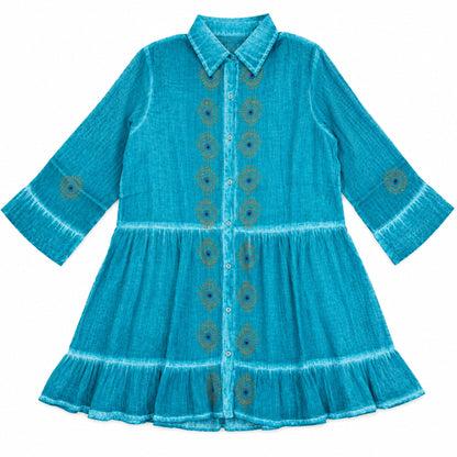 Nomad Sari En la Colección Med - Vestido tipo túnica - Turquesa con estampado en bloque de ojo turco (L-XL)