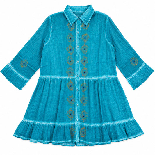Nomad Sari En la Colección Med - Vestido tipo túnica - Turquesa con estampado en bloque de ojo turco (L-XL)