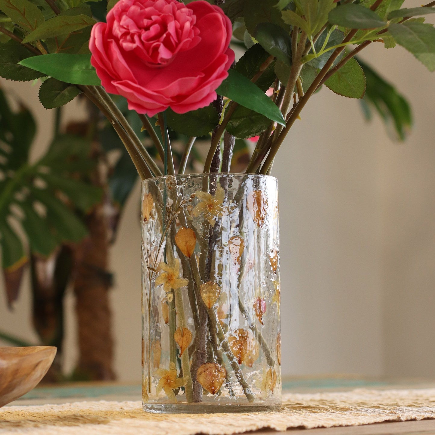 Grand vase bougeoir en verre floral naturel - Rose (19 x 11 cm)