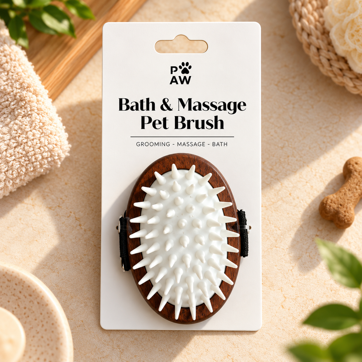 Herramientas de aseo PAW – Cepillo exfoliante y masajeador de goma suave de nogal