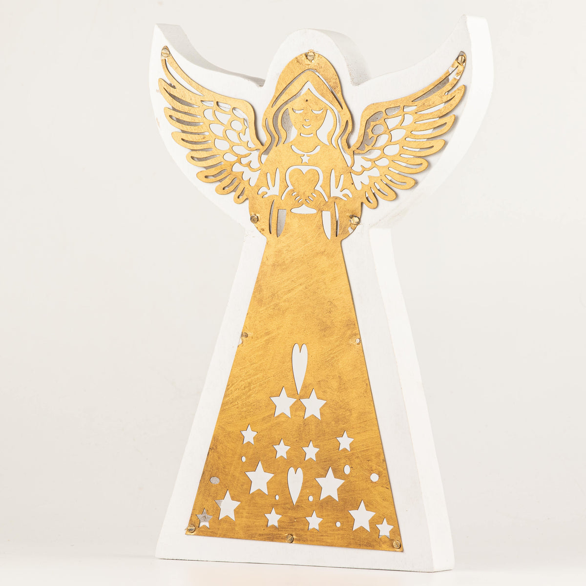 Ángel de madera de mango - acabado lavado blanco con recorte decorativo de hierro - 39 cm