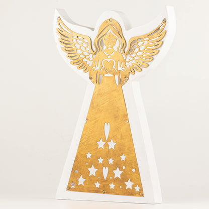 Ángel de madera de mango - acabado lavado blanco con recorte decorativo de hierro - 39 cm