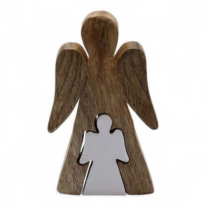 Ángel de madera de mango en ángel - Esmalte blanco - 15 cm