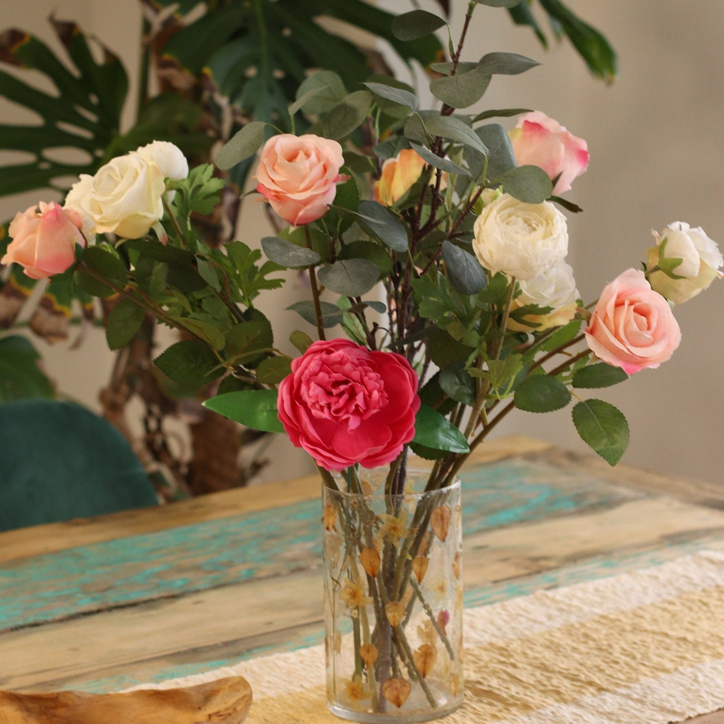 Grand vase bougeoir en verre floral naturel - Rose (19 x 11 cm)