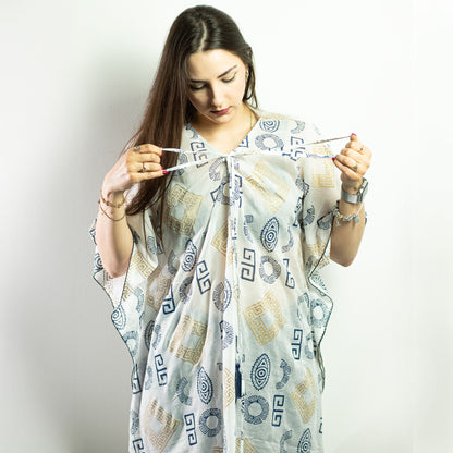 Collection Nomad Sari méditerranéen - Caftan - Motif grec doré et bleu - Peint à la main