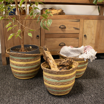 Körbe in Vasenform aus Seegras und Stroh – Natur, Gelb und Grün – 3er-Set