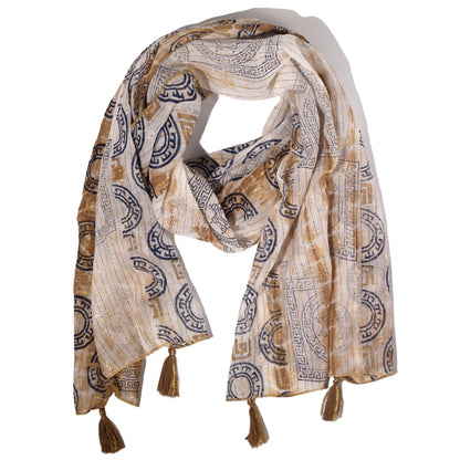 Nomad Sari Sommer-Schal mit Marbella-Druck – Kaffee mit Gold (180x50 cm)