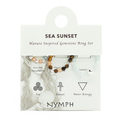 Set aus Ringen mit Elfenjuwelen – Sonnenuntergang am Meer