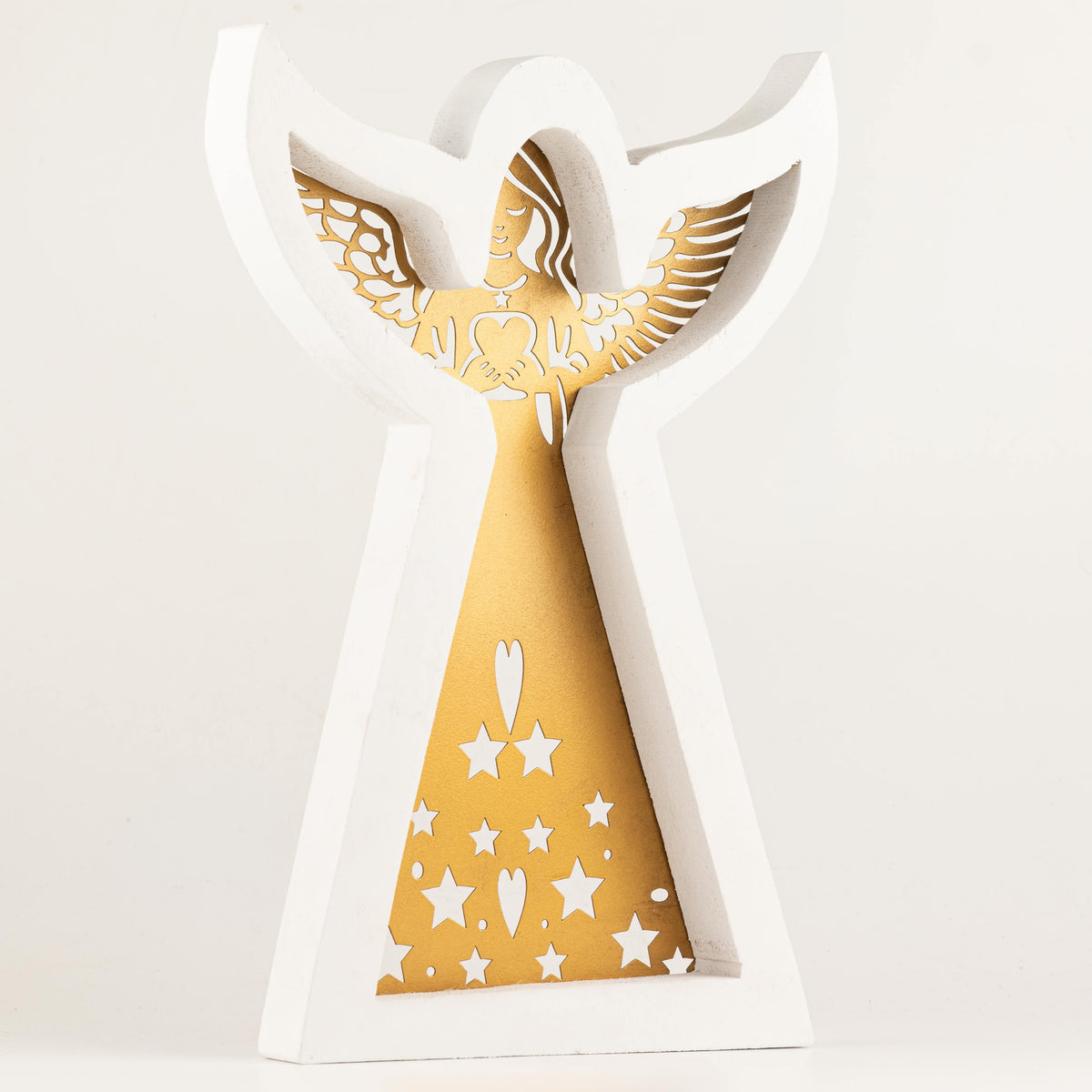 Ángel de madera de mango - acabado lavado blanco con recorte decorativo de hierro - 39 cm