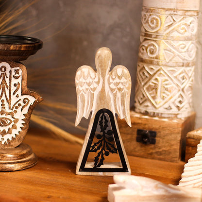 Ángel de madera de mango - Encalado con decoración de hierro recortado - 18 cm