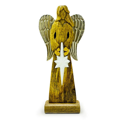 Ángel de la Paz grande de madera de mango con alas de metal y detalles esmaltados - 30 cm