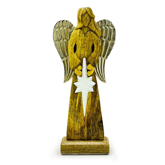 Ángel de la Paz grande de madera de mango con alas de metal y detalles esmaltados - 30 cm